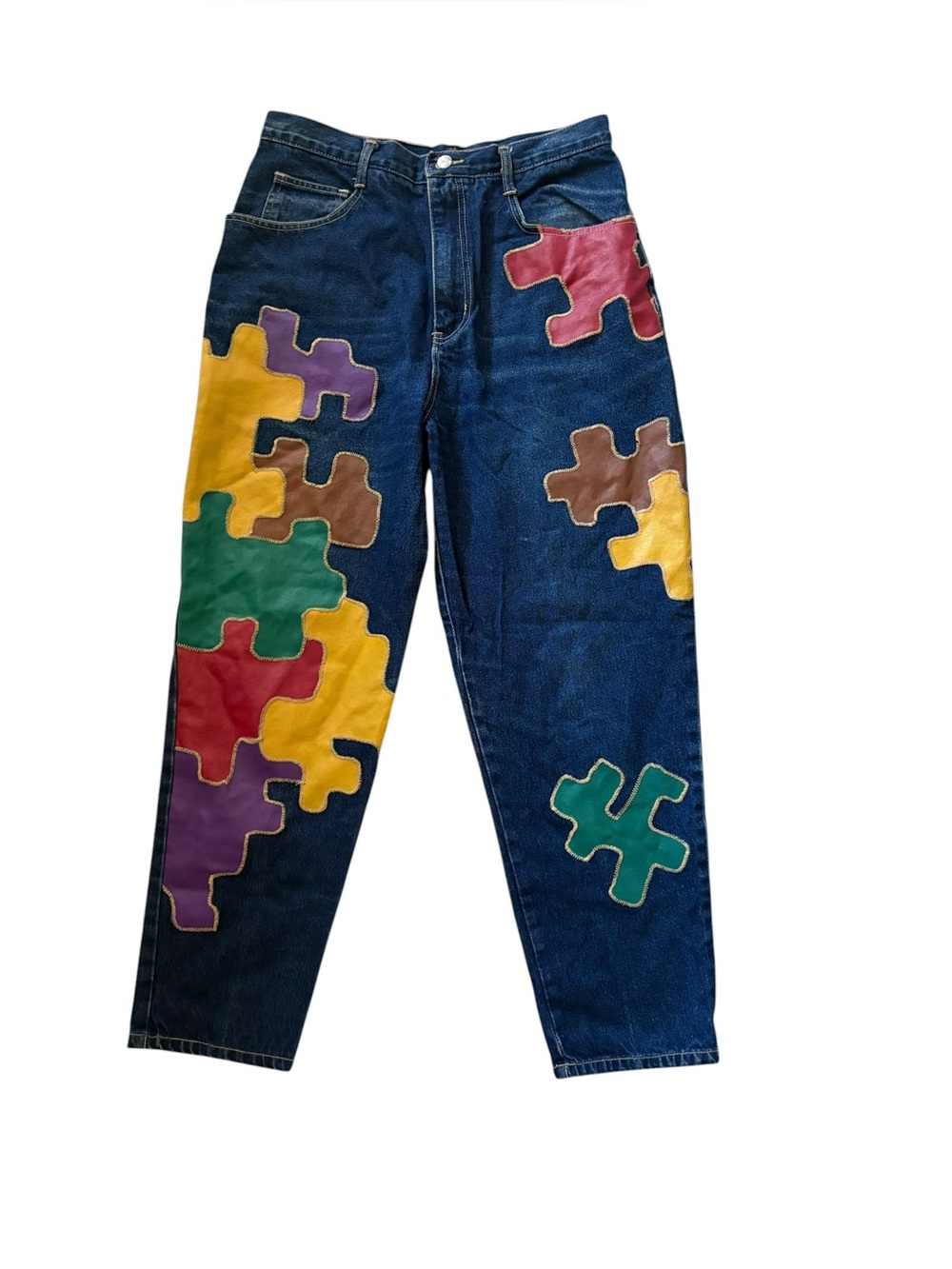 RARE Vintage 90s I Love Zanadi Puzzle Piece Patch High Rise Jeans Sz 18/ Fits 31